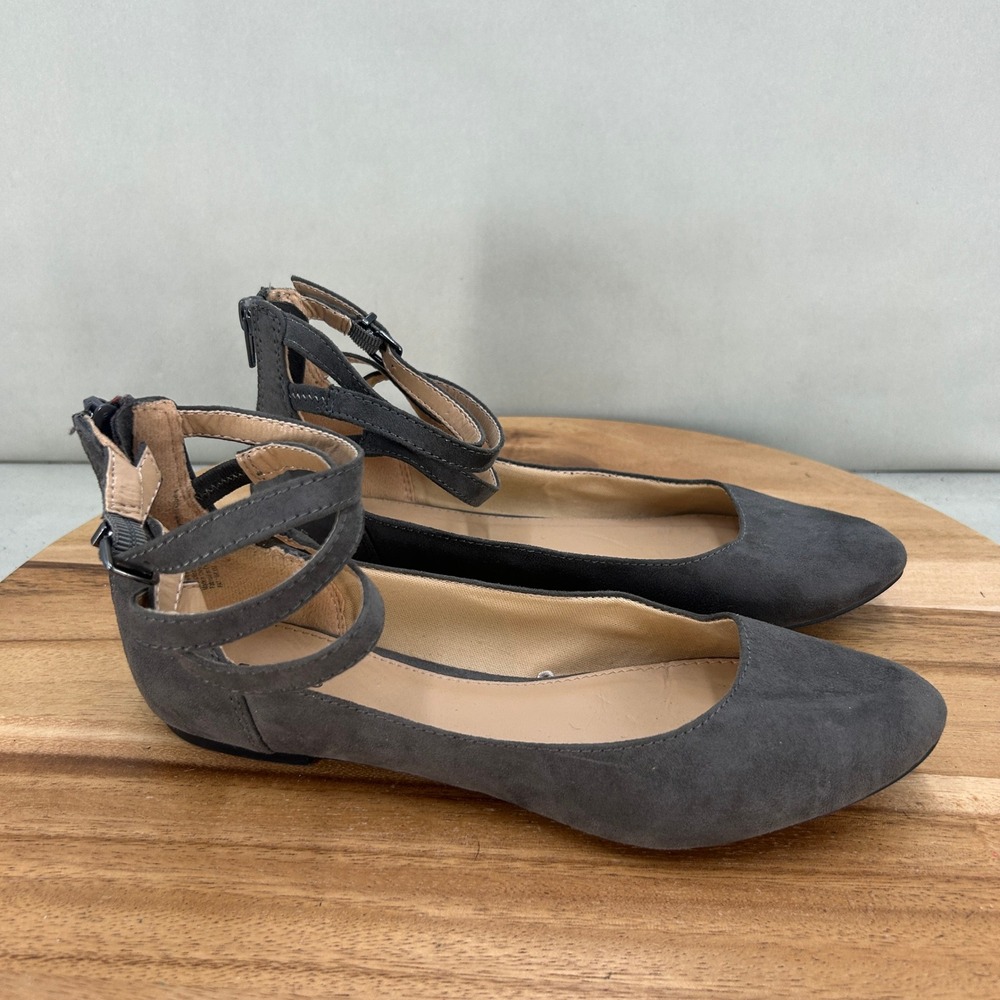 Express Womens Grey Faux Suede Ankle Strap Ballet Flats Size 8 Back Zip Shoes